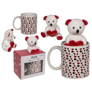 Κούπα 380ml Σχέδιο Μικρές Κόκκινες Καρδιές Με Αρκουδάκι Λευκό Κεραμικό 10x8cm