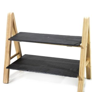 Σταντ Σερβιρίσματος Αλλαντικών/Τυριών Με 2 Ράφια Μαύρο/Φυσικό Ξύλο/Πέτρα 32×17.5×28.5cm