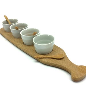 Δίσκος Σερβιρίσματος Ορεκτικών Με 4 Δοχεία 24cc Και Κουτάλια Λευκό/Φυσικό Ξύλο/Κεραμικό 44cm