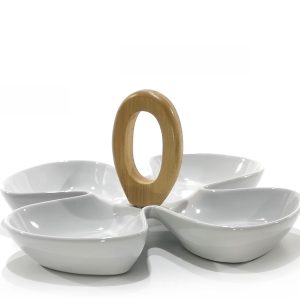 Δίσκος Σερβιρίσματος Ορεκτικών Με 4 Θέσεις Και Λαβή Λευκό/Φυσικό Κεραμικό/Μπαμπού 28x18x13cm