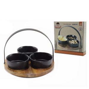 Δίσκος Σερβιρίσματος Με Μεταλλική Λαβή Και 3 Δοχεία Φ10cm Καφέ/Μαύρο Ξύλο/Κεραμικό Φ22×5.5cm