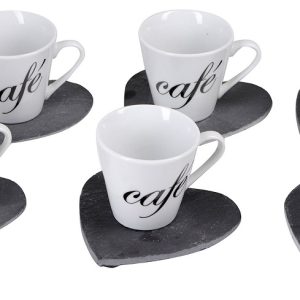 Κούπα 6cl ‘Cafe’ Με Πιατάκια Καρδιές Λευκό/Μαύρο Κεραμικό Σετ 12Τμχ