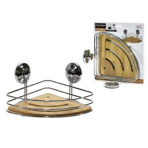 Ράφι Μπάνιου Γωνιακό Με Βεντούζες Ασημί/Φυσικό Μέταλλο/Ξύλο 20×11.5x26cm