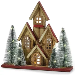 Χριστουγεννιάτικο Σπίτι Φωτιζόμενο Φυσικό/Κόκκινο 30cm