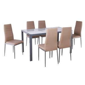 JETTA-DEGO Set Τραπεζαρία: Τραπέζι + 6 Καρέκλες, Μέταλλο Γκρι – Γυαλί Marble – PVC Μπεζ