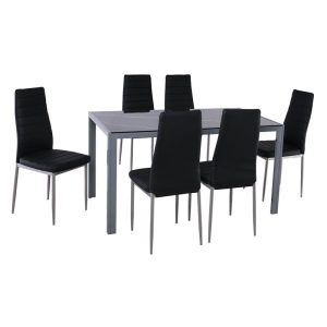 JETTA-DEGO Set Τραπεζαρία: Τραπέζι + 6 Καρέκλες, Μέταλλο Γκρι – Γυαλί Μαύρο – PVC Μαύρο
