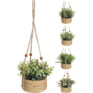 Φυτό Τεχνητό ArteLibre Κρεμαστό 45cm Με Χάντρες Σε Ψάθινο Καλάθι 13x6cm Σε 4 Ποικιλίες