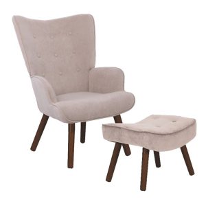 ALMA Πολυθρόνα – Μπερζέρα με Σκαμπό – Υποπόδιο Καρυδί Ύφασμα Velure Ανοιχτό Καφέ,K/D