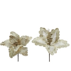 Χριστουγεννιάτικο Λουλούδι Σαμπανιζέ Με Χρυσό Γκλίτερ 40cm Σε 2 Σχέδια