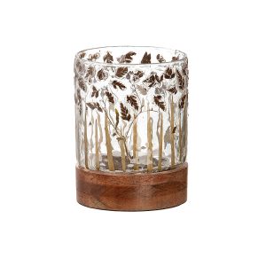Κηροπήγιο ArteLibre Με Διακόσμηση Φύλλα Διάφανο/Καφέ Γυαλί/Ξύλο 13.5cm