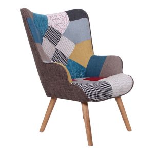 MARON Πολυθρόνα – Μπερζέρα Ξύλο Φυσικό, Ύφασμα Patchwork