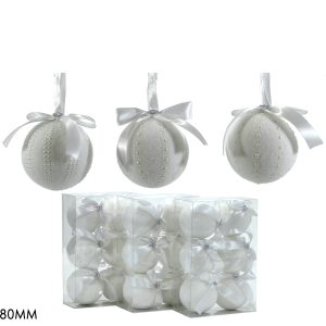 Χριστουγεννιάτικη Μπάλα Λευκό 80mm  Σετ 6Τμχ Σε 3 Σχέδια