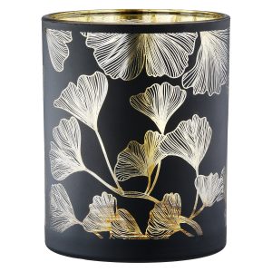 Φανάρι Καταιγίδας Cylindrical “Ginkgo” Ginkgo Motif Γυάλινο Μαύρο PU 18 H. cm D. 7 cm