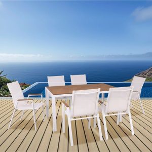 VIRNA Set Τραπεζαρία: Τραπέζι + 6 Πολυθρόνες, Μέταλλο Βαφή Άσπρο, Polywood Φυσικό