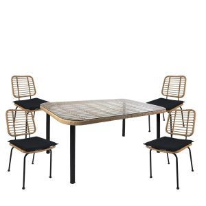 Σετ Τραπεζαρία Κήπου ArteLibre AMPIUS Φυσικό/Μαύρο Μέταλλο/Rattan/Γυαλί Με 4 Καρέκλες 14990311