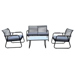 ROCCO Set Σαλόνι Κήπου 4τεμ, Μέταλλο Μαύρο,RopeWicker Γκρι, Μαξιλ.Σκούρο Γκρι, Γυαλί Μαύρο