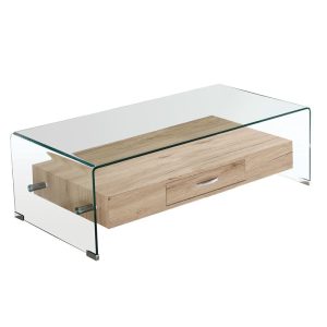 GLASSER Wood Τραπεζάκι Σαλονιού Γυαλί 12mm – Ράφι με Συρτάρι Απόχρωση Δρυς