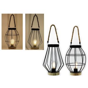 Φανάρι Με Χερούλι Σχοινιού Μαύρο/Φυσικό Μέταλλο/Ξύλο Φ14×23.5cm Μπαταρίας Σε 2 Σχέδια