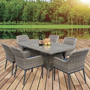 HAVANA Set Τραπεζαρία Κήπου ALU,Wicker Grey Brown-Ανθρακί: Τραπέζι 180×90 + 6 Πολυθρόνες