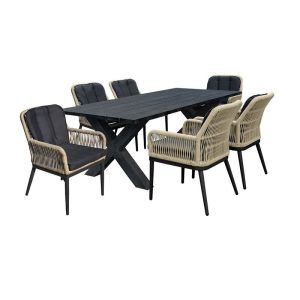 ALLEY Set Τραπεζαρία ALU Ανθρακί-Rope Φυσικό: Τραπέζι 180×94 + 6 Πολυθρόνες με Μαξιλ