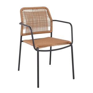 LUIGI Πολυθρόνα Βεράντας-Κήπου Μέταλλο Βαφή Ανθρακί, Rope Wicker Φυσικό, Στοιβαζόμενη