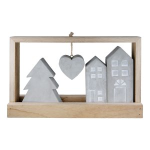 Ανάγλυφο Σταντ Ορθογώνιο ‘Casa’ Μοτίβο Σπιτιού Τσιμέντο/Ξύλο Εκρού/Γκρι 5×25.5x15cm
