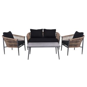 GASBA Set Σαλόνι Κήπου 4τεμ, Alu Ανθρακί, Rope Wicker Φυσικό, Μαξιλάρια Σκούρο Γκρι