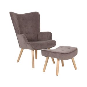 ALMA Πολυθρόνα – Μπερζέρα με Σκαμπό – Υποπόδιο Φυσικό Ύφασμα Velure Καφέ, K/D