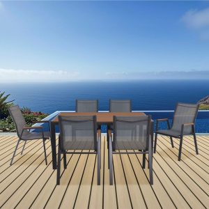 VIRNA Set Τραπεζαρία: Τραπέζι + 6 Πολυθρόνες, Μέταλλο Βαφή Ανθρακί, Polywood Φυσικό