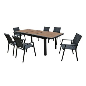 NAPOLI Set Dining ALU Κήπου: 6 Πολυθρόνες + Τραπέζι Επεκτ/νο Μαύρο-Καρυδί-Textilene Ανθρακί