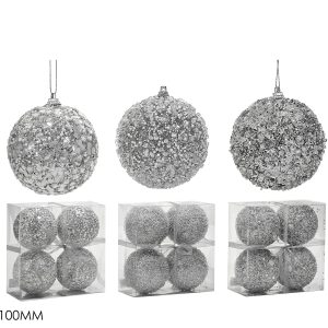 Χριστουγεννιάτικη Μπάλα Ασημί 100mm Σετ 4Τμχ Σε 3 Σχέδια
