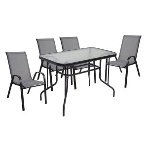 RIO Set Τραπεζαρία Κήπου Μέταλλο Βαφή Μαύρο, Textilene Γκρι: Τραπέζι + 4 Πολυθρόνες