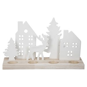 Κηροπήγιο Ορθογώνιο ‘Wintertime’ Πορσελάνη/Ξύλο Εκρού/Λευκό 10x30x18cm