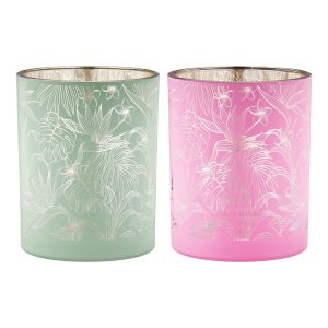 Φανάρι Καταιγίδας Cylindrical “Tropic” Leaf Motif Γυάλινο Πράσινο Pink PU Pcs. Assorted H. 125 cm D. 10 cm