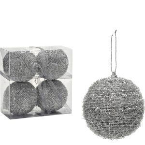 Χριστουγεννιάτικη Μπάλα Ασημί 100mm Σετ 4Τμχ