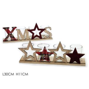Κηροπήγιο 4 Θέσεων ‘XMAS’ Φυσικό Ξύλο/Γυαλί 30x11cm Σε 2 Σχέδια