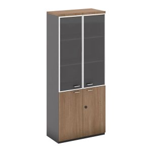 PROLINE Βιβλιοθήκη Γραφείου, 3 Ράφια Πόρτες Γυαλί, Ντουπάπι, Απόχρωση Καρυδί Δρυς – Μαύρο