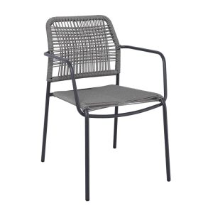 LUIGI Πολυθρόνα Βεράντας-Κήπου Μέταλλο Βαφή Ανθρακί, Rope Wicker Γκρι, Στοιβαζόμενη