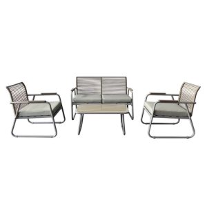 ROCCO Set Σαλόνι Κήπου 4τεμ, Μέταλλο Μπεζ, Rope Wicker Μπεζ, Μαξιλ.Μπεζ, Γυαλί Μπεζ