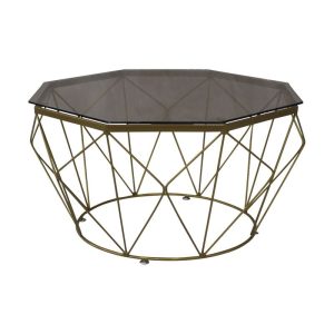 GRID Τραπεζάκι Σαλονιού Οκτάγωνο, Μέταλλο Βαφή Χρυσό Γυαλί Tea Colour Tempered