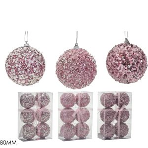 Χριστουγεννιάτικη Μπάλα Ροζ 80mm Σετ 6Τμχ Σε 3 Σχέδια