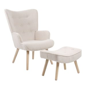 ALMA Πολυθρόνα – Μπερζέρα με Σκαμπό – Υποπόδιο Φυσικό, Teddy Ύφασμα Άσπρο, K/D