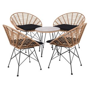 SALSA Coral Coffee Set Κήπου Μέταλλο Μαύρο – Γυαλί – Wicker Φυσικό: Τραπεζάκι+4 Πολυθρόνες