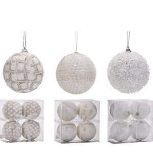 Χριστουγεννιάτικη Μπάλα Λευκό 100mm Σετ 4Τμχ Σε 3 Σχέδια