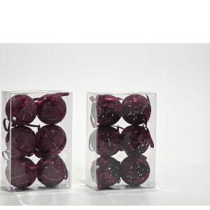 Χριστουγεννιάτικες Μπάλες Μπορντό 80mm Σετ 6Τμχ Σε 2 Σχέδια