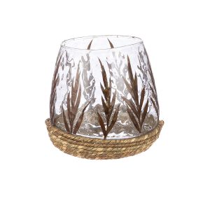 Ανεμοφωτιστικό Κωνικό ‘Greenery’ Σχέδιο Φύλλου Γυαλί Πράσινο 11x11cm