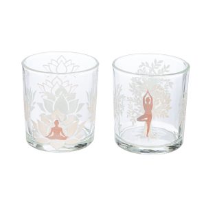 Φανάρι Καταιγίδας Cylindrical “Namaste” Δέντρο Motif Lotus Motif Yoga Motif Γυάλινο Brown Clear PU 18 Pcs. Assorted H. c