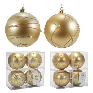 Χριστουγεννιάτικη Μπάλα Χρυσό 100mm Με Πέρλες Σετ 4Τμχ Σε 2 Σχέδια