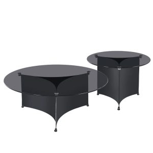 VENET Set 2 Τραπεζάκια Σαλονιού – Καθιστικού, Μέταλλο Μαύρο, Γυαλί Clear Black
