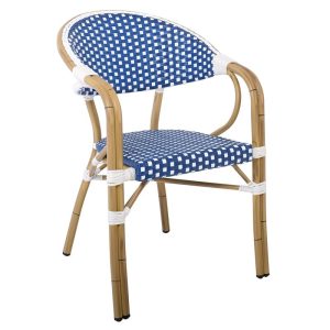 PARIS Πολυθρόνα Bistro Αλουμίνιο Φυσικό, Wicker Άσπρο – Μπλε, Στοιβαζόμενη
